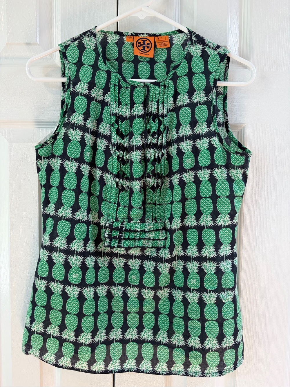 Tory Burch Sleeveless Navy and Green Pineapple Print Cotton Blouse Size 2
